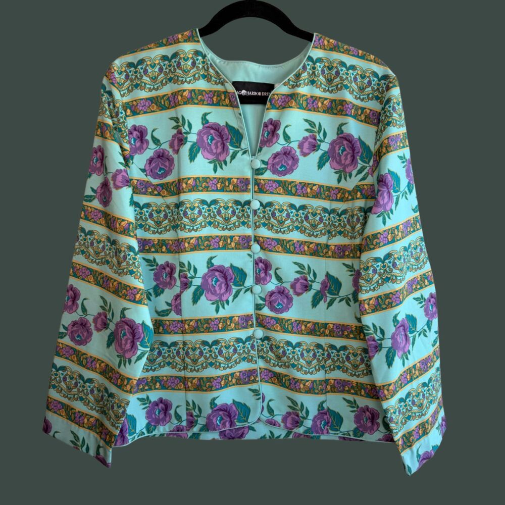 Vintage Sag Harbor Collarless Floral Baroque Silky Blazer Jacket